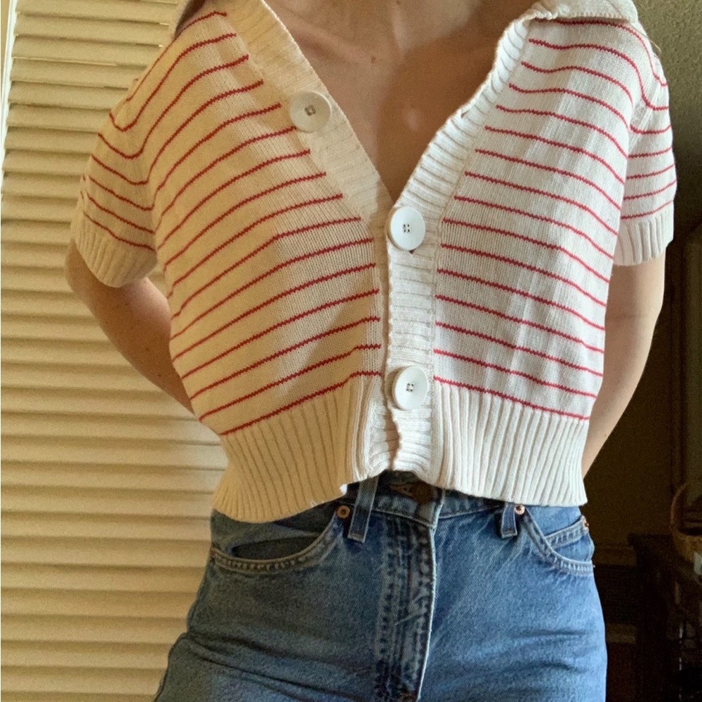 Halogen Knit Stripped Button-Up Cropped Cardigan